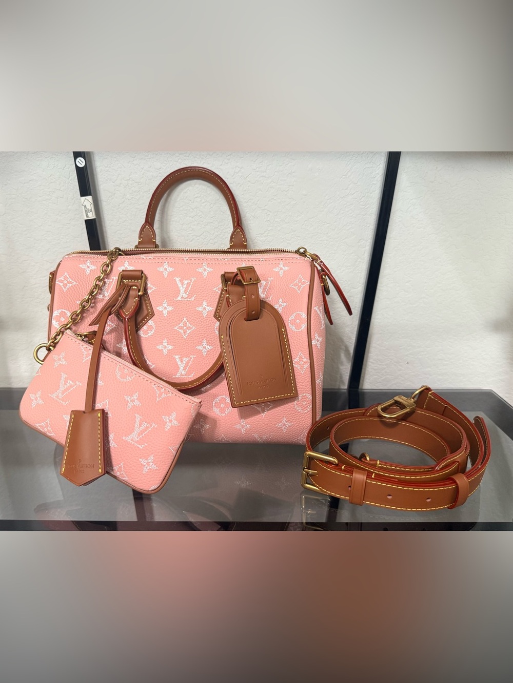 Louis Vuitton Pink & White Monogram Canvas Satchel with Tan Trim